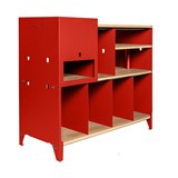ESSENI HiFi and comics storage cabinet - electric red steel and oak  11